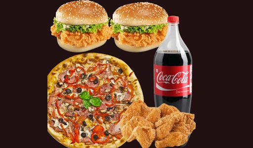 12” Pizza, 2 Burgers (Chicken / Veg), 6 Wings (Chicken / Veg), 2 Regular Fries & 1 Large Drink